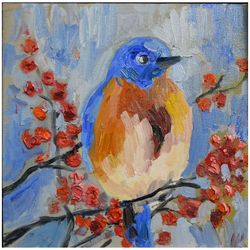 blue bird painting, oil on canvas, Original birds wall art