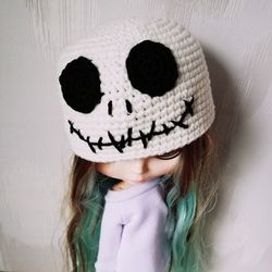 Blythe hat crochet white Skeleton with black eyes  for blythe doll halloween outfit doll clothes blythe accessories