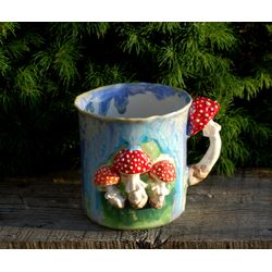 Forest mug Fly agaric mushrooms figurines Handmade ceramic art mug Natural style Blue beautiful cup magic mushrooms