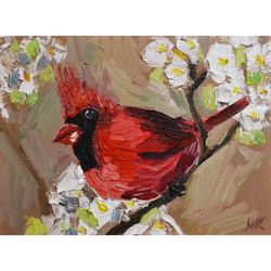 red bird painting, oil on canvas, Original birds wall art, cardinal bird