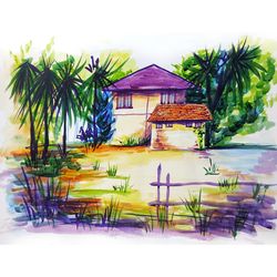 Hawaii Painting Palm Trees Original Art Tropical Landscape Watercolor Art Beach House Wall Art Small Artwork