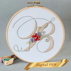 floral alphabet letter b pdf hand embroidery beginner flower monogram ribbon embroidery