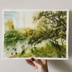Summer landscape, original watercolor on paper, size 9"x12"