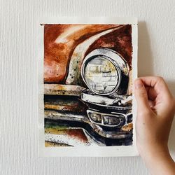 Old red car, original watercolor on paper, size 5"x8"