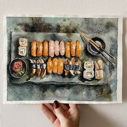 Sushi set, original watercolor on paper, size 8,2"x11,6"