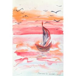 boat painting sailboat original watercolor art california artwork seascape artwork above sofa art small wall art affrord