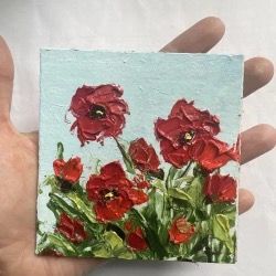 Red poppy oil painting abstract small floral wall art poppy wall decor