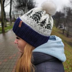 Blue jacquard knitted hat unisex