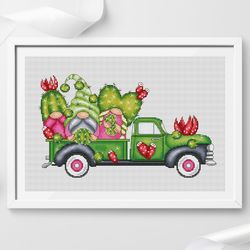 Gnomes truck cross stitch pattern PDF, gnome cross stitch, cactus cross stitch, cactus truck