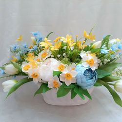 artificial flowers arrangement, spring/summer floral centerpiece, faux flowers arrangement in ceramic bowl, table decor
