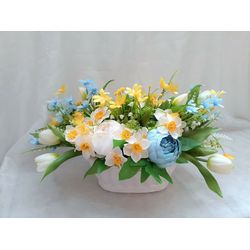 Artificial Flowers arrangement, Spring/Summer floral centerpiece, Faux flowers arrangement in ceramic bowl, Table decor