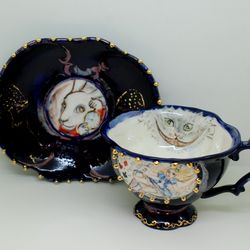 Cobalt Blue Tea Cup and Saucer Set Alice Wonderland Surprise mug Smile Cheshire cat Texture mug gold painting Porcelain