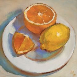 Lemon Painting Orange Original Art Dessert Wall Art Fruit Artwork 8x8 by Sonnegold
