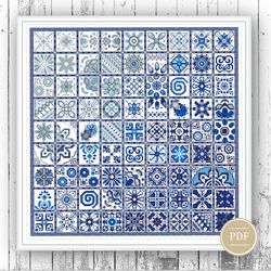 Sampler Cross Stitch Patchwork Tiles Geometric Squares Blue- Ethnic Folk Art design PDF counted chart 87
