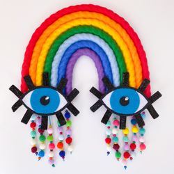 Funny macrame rainbow with eyes, Dorm decor for college girl, Unique gift idea, Groovy wall decoration