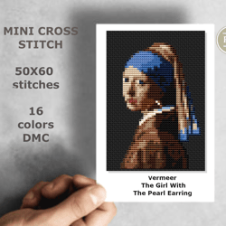 Mini cross stitch pattern Modern tiny art - Vermeer - Girl with a pearl earring Famous art Tiny miniature painting cross