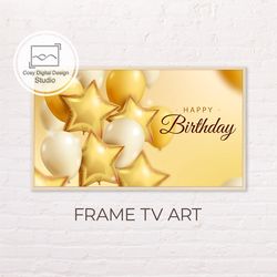 Samsung Frame TV Art | 4k Happy Birthday Art for Frame Tv | Digital Art Frame Tv | Gold and White Balloons Lettering