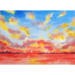Seascape Painting Sunset Original Watercolor Cloud Art Ocean Artwork Coastal Wall Art 5x7 by Sonnegold