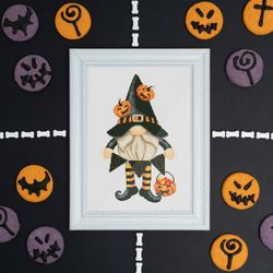 Halloween gnome, Cross stitch pattern, Halloween cross stitch, Gnome cross stitch