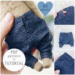 Teddy trousers sewing pattern, step by step photo, for bear 20 cm