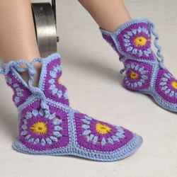 Crocheted Socks with Soles, Granny Square, Warm Winter Socks, Home Shoes