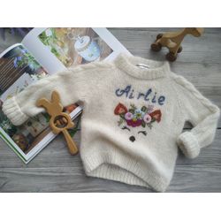 Knit sweater with embroidered baby's name, fox. Personalized custom wool sweater for kids, girls. Gift for goddaughter