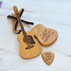 Wooden Guitar Pick Box with Engraved Pick, Personalized Custom Wooden Anniversary Gift for Guitar Player, Christmas Gift