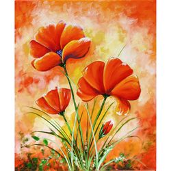 Poppies Oil Painting Flowers Original Art Wildflowers Artwork Stretched Canvas Wall Art with Poppies