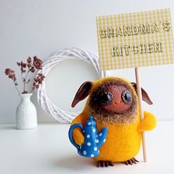 But first coffee/Felt yellow fantasy creature/Doll OOAK  sculpture/Small housewarming gift/Cute personalized home gift
