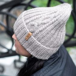 Beige womens warm hand-knitted hat