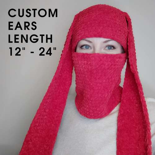 Red bunny balaclava with custom ears length Fluffy balaclava with ears Sexy face cover with rabbit ears and charms