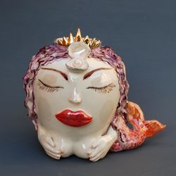 Mermaid sculpture vase Lady head vase Handmade porcelain figurine Decorative vase with handle Mermaid's tail Ceramic art
