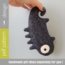 felt doll sewing pattern PDF chameleon,  black dragon, stuffed animal tutorial in English, Halloween decor pdf
