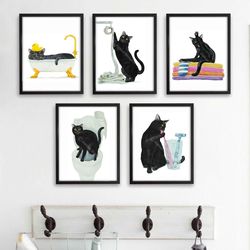 Bathroom Black Cat Print set of 5 Cat Art, Cat Decor, Watercolor Painting, Bathroom Art, Cat Lover Gift, Funny Cat Art