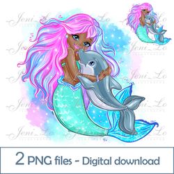 Black Mermaid and Dolphin 2 PNG files little mermaid Clipart Black Princess Sublimation Sea design Digital Download