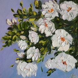 White Roses Original Oil Painting Floral Artwork Garden Flowers Wall Art