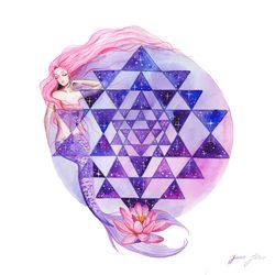 Mermaid Painting Sri Yantra Original Art Sacred Geometry Watercolor Yoga Artwork Meditation Wall Art