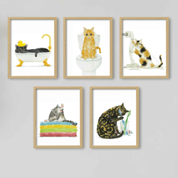 Bathroom Cat Print set of 5 Cat Art, Cat Decor, Watercolor Painting, Bathroom Art, Cat Lover Gift, Funny Cat Art