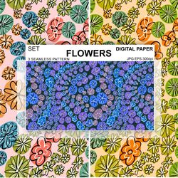 Doodle Flowers Seamless Pattern Digital Paper Vector Set  Design Surface Fabric Scrapbooking Background Wallpaper