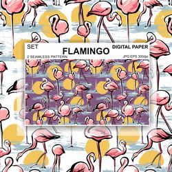 Flamingos Seamless Pattern Digital Paper Endless Background Vector Set Wallpaper  Design Surface Fabric Scrapbooking