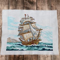 Embroidered picture Ship (Sailboat). Cross stitch finished work.Home decor. Handmade