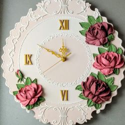 Large wall clock with 3D roses for cottage Shabby chic wall decor Kitchen wall clock Wedding gift Housewarming gift
