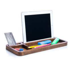 Desk organizer for him Catch all tray Wood cell phone stand Wooden pencil holder for desk Office desk accessories Gift