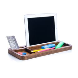 Desk organizer for him Catch all tray Wood cell phone stand Wooden pencil holder for desk Office desk accessories Gift