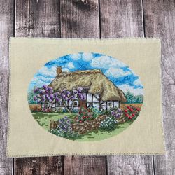 Embroidered picture House with Garden. Handmade cross stitch finished product unframed. Home decor.