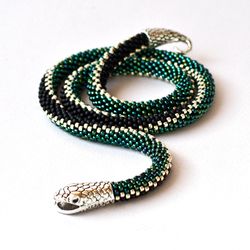 Green beaded snake necklace, Ouroboros necklace, Seed bead choker, Statement necklace, Snake bead necklace, Gift for her