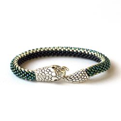 Green snake bead bracelet, Ouroboros jewelry, Seed bead bracelet, Beaded snake, Mother day gift