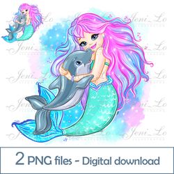 Mermaid and Dolphin 2 PNG files little mermaid Clipart sea Princess Sublimation Magic design Digital Download