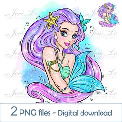 Princess Mermaid 2 PNG files Beautiful mermaid Clipart sea Princess Sublimation Magic design Digital Download
