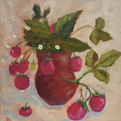 Strawberry Original Oil Painting Berry Artwork Still Life Wall Art